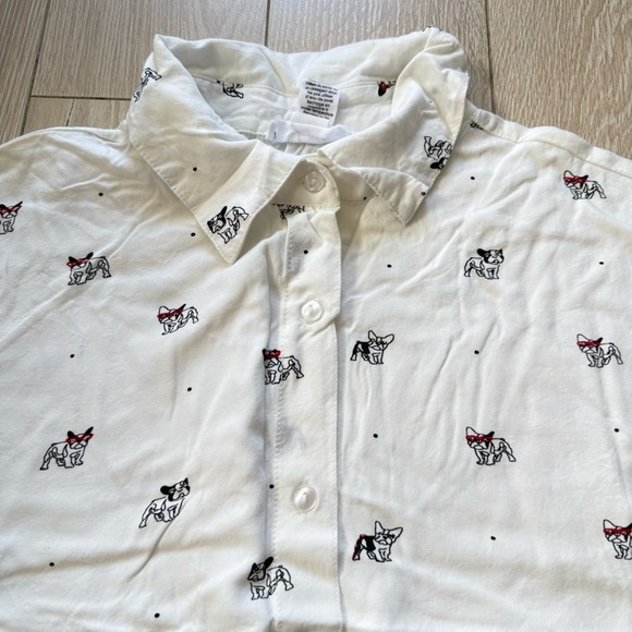 Japna French Bulldog Print Rayon Short Sleeve Button Up Shirt in White Size M - Picture 2 of 8